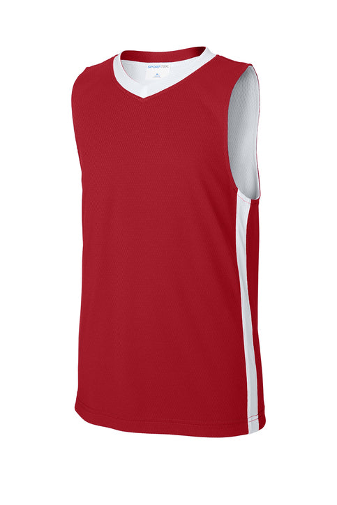 Red and white reversible youth basketball jersey ready for team decoration