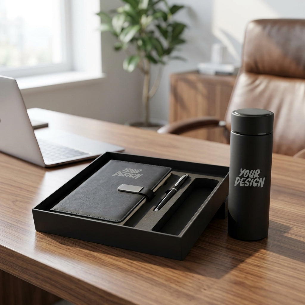 Branded customer appreciation gift set with notebook, pen and drinkware