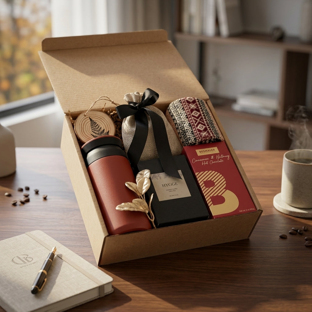 Custom employee appreciation gift box with branded drinkware and corporate gifts