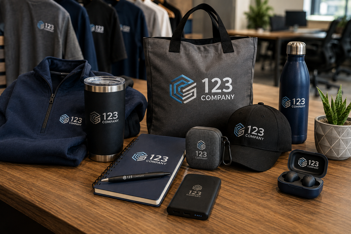 Custom branded promotional products including bags, drinkware, notebooks and corporate merchandise