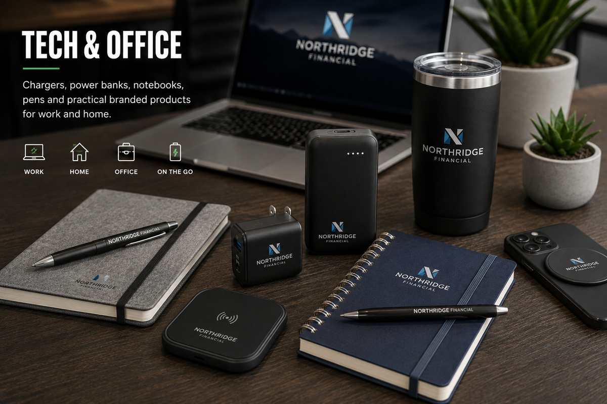 Branded tech accessories, notebooks, pens and office promotional products