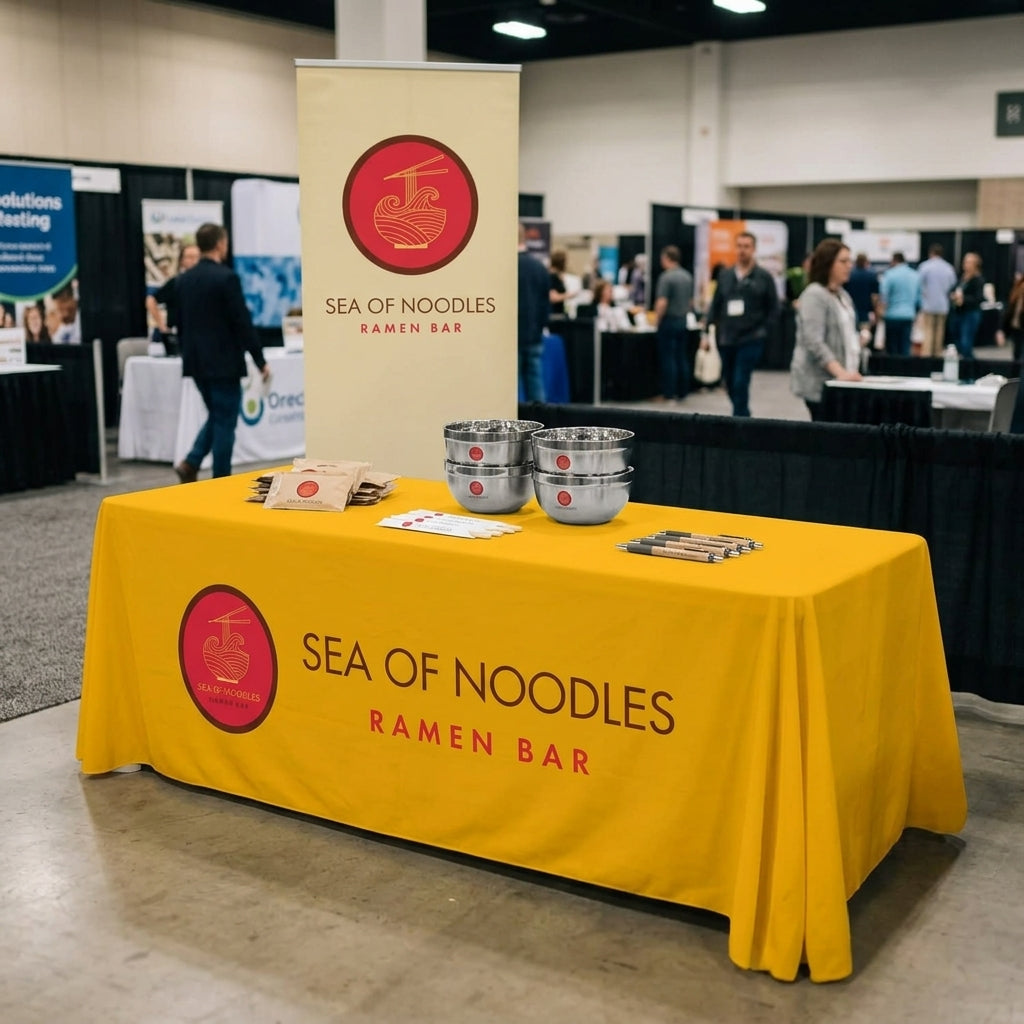 Branded trade show booth with custom promotional products and event giveaways
