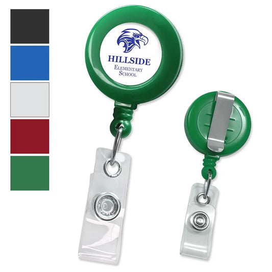 Round retractable badge reel with standard belt clip