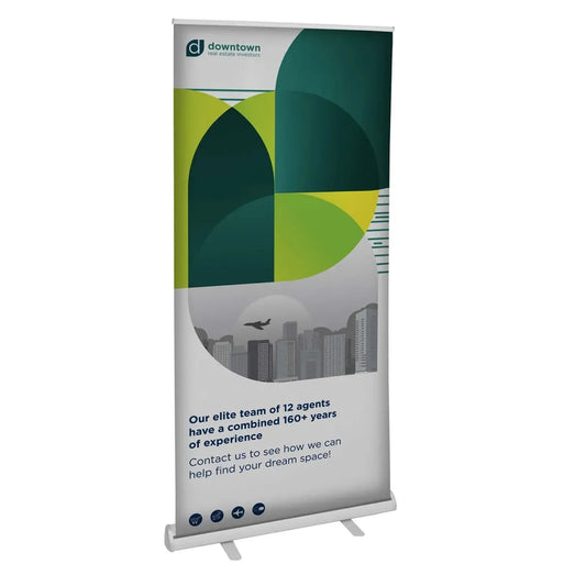 Custom retractable trade show banner stand with printed graphic