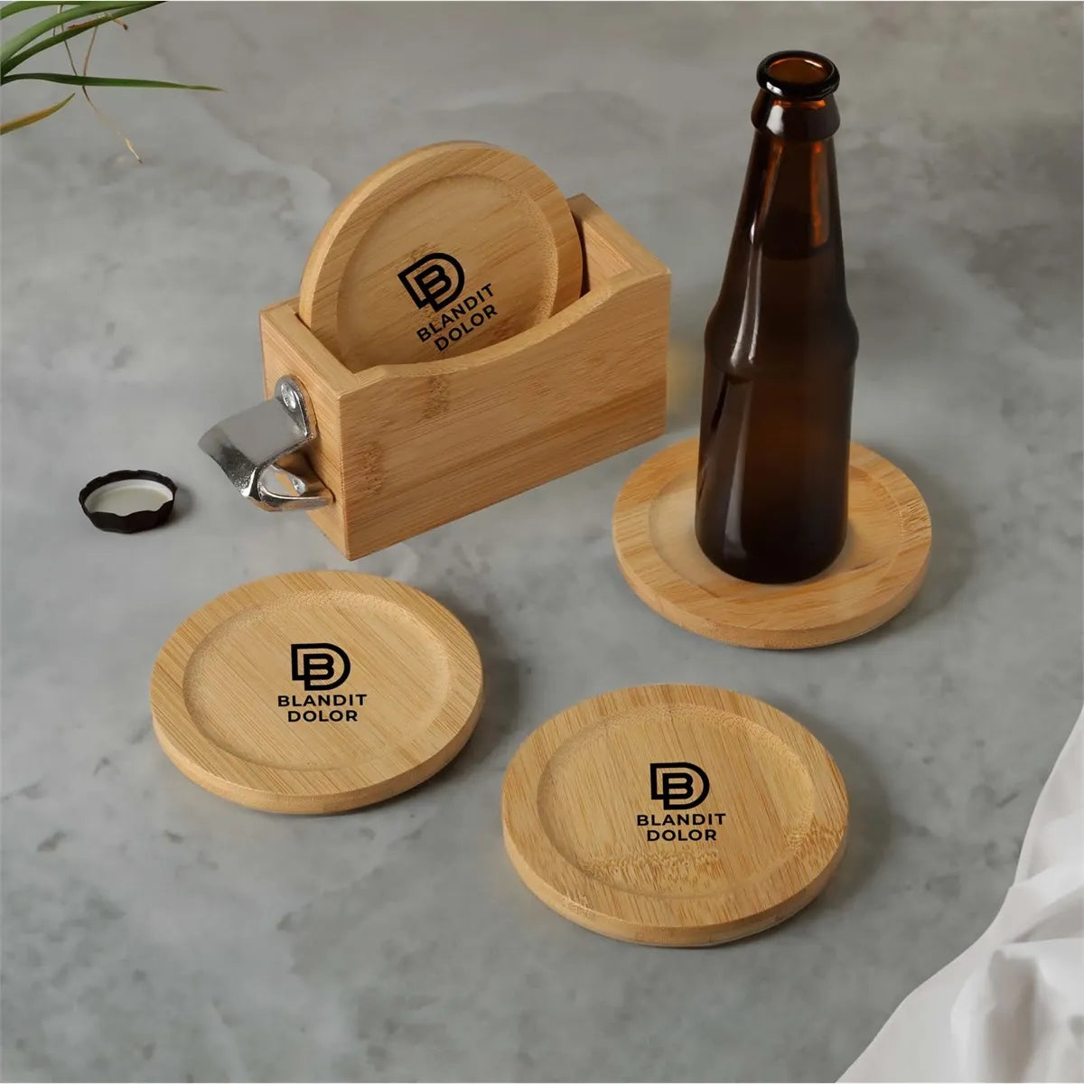 Custom Bamboo Coaster & Bottle Opener Gift Set — supplier sample